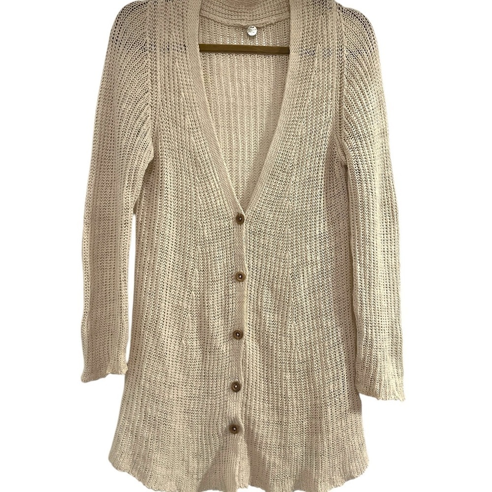 Margaret O’Leary Open Knit Sweater Cardigan Long Line Wooden Buttons Sz M